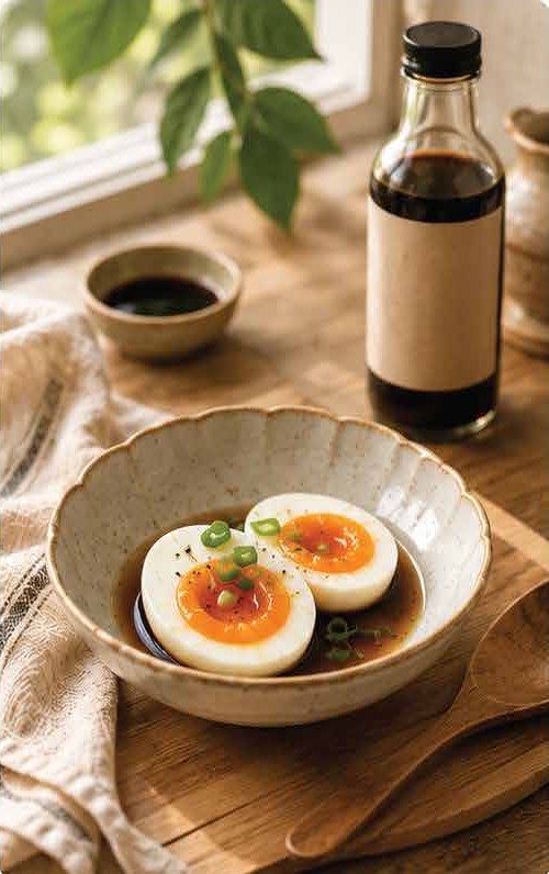 Bowl of half-boiled eggs with soy sauce beside a bottle