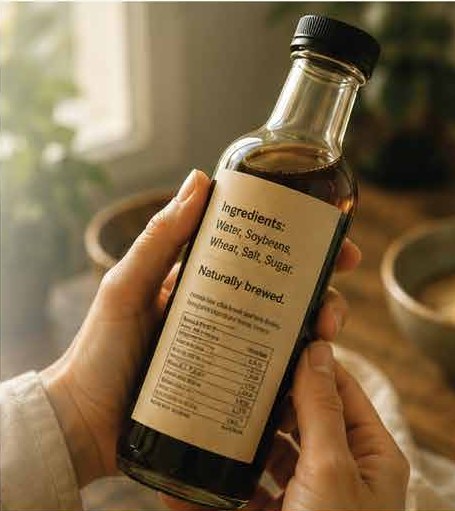 Hands holding a soy sauce bottle, reading the back label