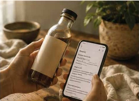 Person searching an ingredient on a phone while holding a bottle
